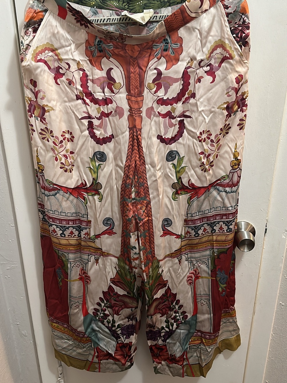 Wide Leg Printed Silk-Feel Palazzo Pants - Cream & Red Floral